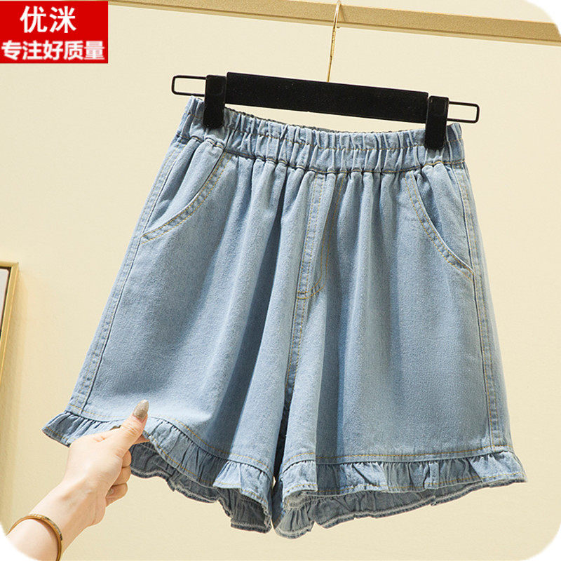 胖女童牛仔短裤12女孩学生13加大码宽松韩版童装15岁荷叶边热裤子