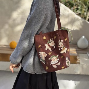 新款刺绣托特包女可爱卡通兔子单肩包大容量帆布包文艺复古风手提