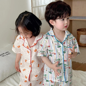 儿童睡衣夏季薄款男童女童短袖长裤空调服宝宝卡通纯棉家居服套装
