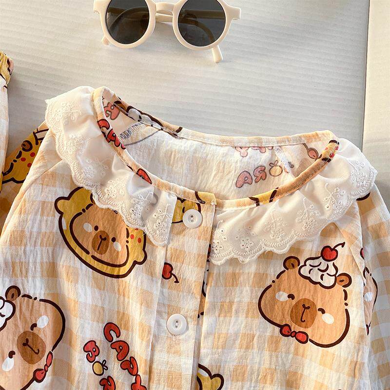 春秋季长袖云朵棉儿童女孩夏天开衫薄款两姐姐学生卡通风女童睡衣