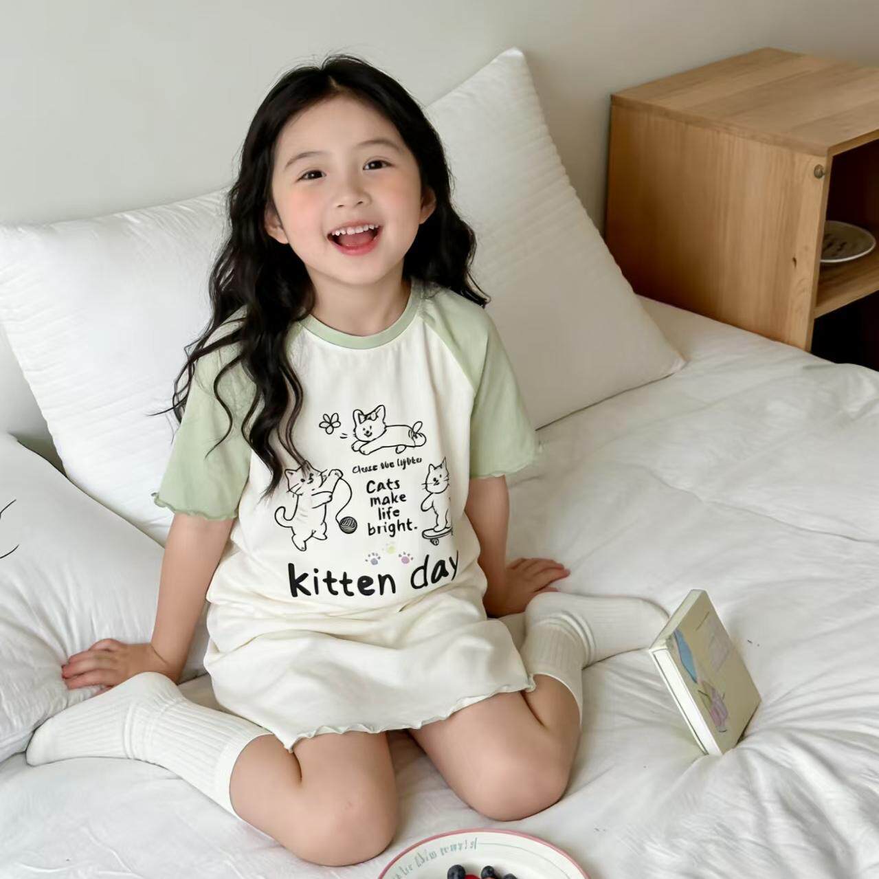 夏季薄款纯棉睡衣儿童女孩蝴蝶结十五衣服宽松两姐妹少女女童睡裙