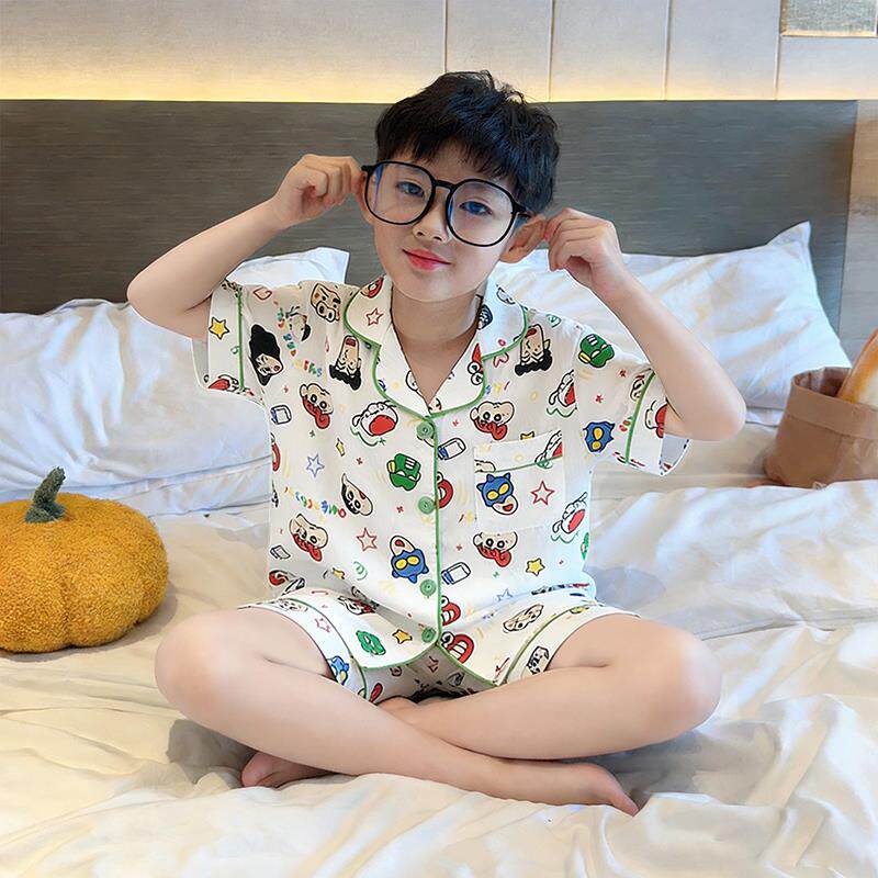 夏季薄款云朵棉短袖学生好看的初中生十六岁儿童男孩熊猫男童睡衣