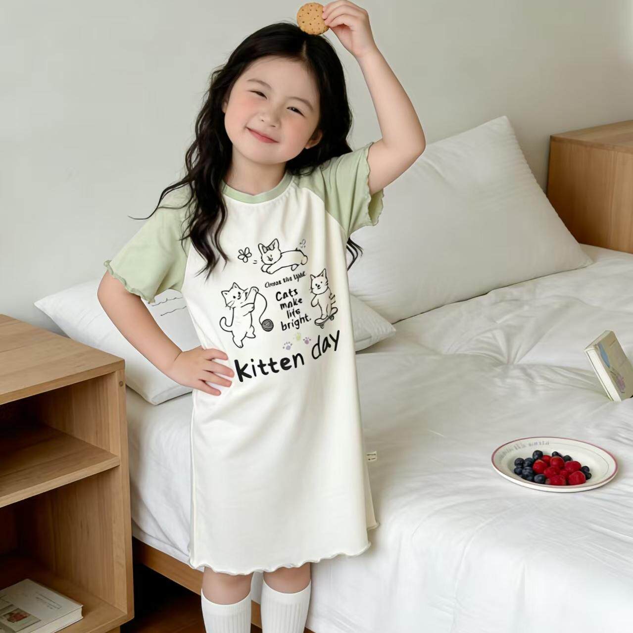 夏季薄款纯棉十岁至十五岁五九岁连身裙睡衣女孩儿童小猫女童睡裙