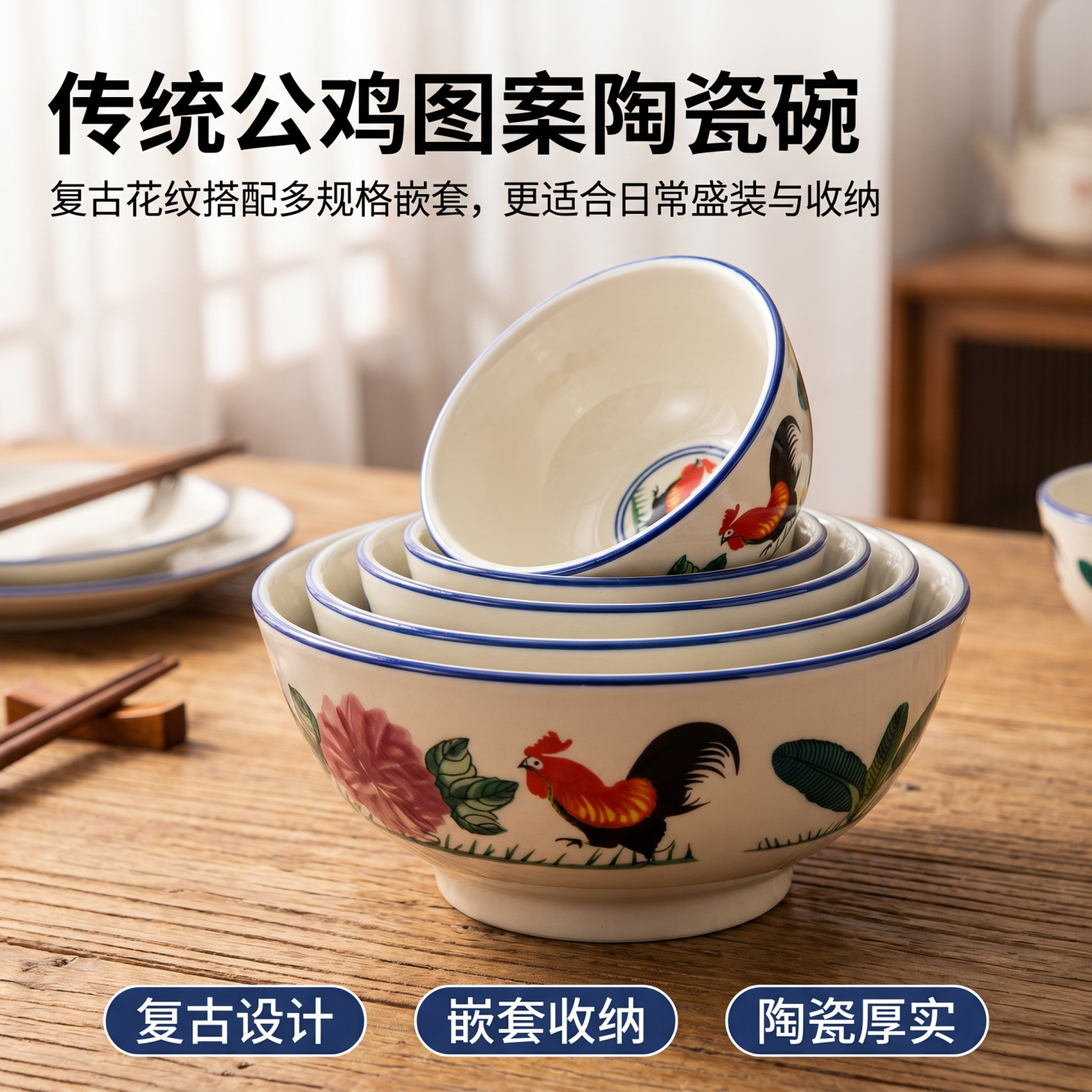 复古陶瓷公鸡碗怀旧家用米饭碗酒店商用餐具老式面条碗甜品糖水碗图片