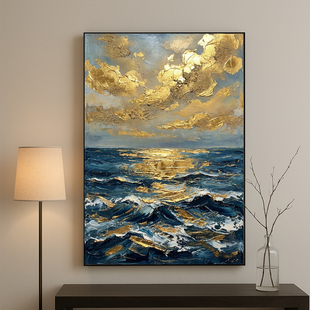 综合材料肌理画金箔轻奢主义当代厚涂海景纯手绘油画 金澜壮阔