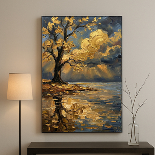 当代重彩厚涂金属色表现主义现代轻奢风水画手绘油画 流金宝树