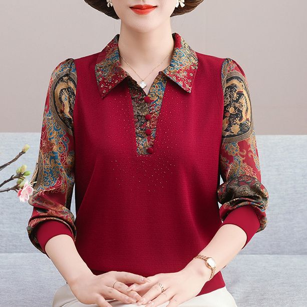 中老年女装民族风长袖T恤2025秋季新款时尚百搭翻领烫钻打底衫潮
