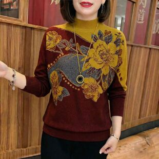 民族风2026秋冬款 宽松休闲减龄百搭毛衣女 高级提花烫钻妈妈针织衫