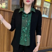 新款 翻领拼接假两件套洋气妈妈装 时尚 衬衫 上衣女 印花长袖 2025春季