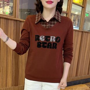 休闲印花假两件长袖 2026新款 时尚 新款 卫衣洋气格子拼接上衣女 春季