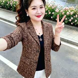 气质休闲豹纹长袖西服外套女2026秋季新款时尚高级感宽松显瘦外搭