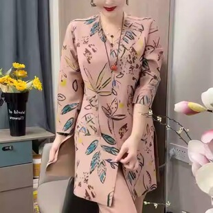 新款 衫 中国风印花中长款 大版 宽松遮肚子 上衣气质V领长袖 2026春季