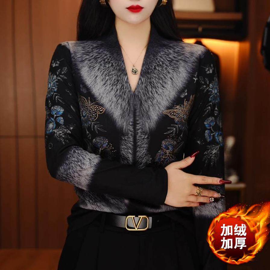 2025秋冬新款设计感时尚烫钻打底衫加绒保暖显瘦减龄气质女上衣潮