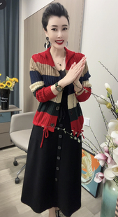 减龄长袖 拼色彩条连帽针织衫 时尚 开衫 外搭上衣 披肩外套女春夏新款