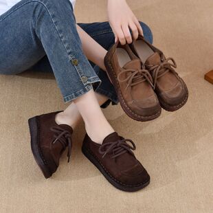 头层牛皮乐福鞋女2026春季新款复古系带真皮透气舒适软底休闲单鞋