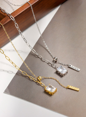 S925纯银方形锆石流苏项链女时尚百搭手工拼接抽拉链条小众巨划算