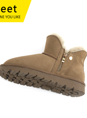 MEET磨砂牛皮雪地靴女皮毛一体短靴加厚羊毛透气女鞋冬季防滑靴子