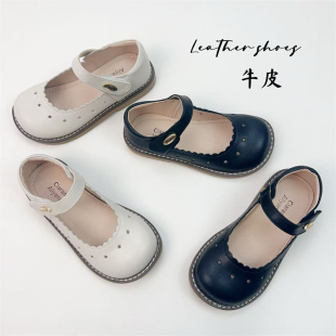 真皮女童皮鞋森系牛皮女孩单鞋白色公主鞋黑色演出鞋软底浅口单鞋