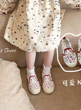女童帆布鞋小白鞋防踢板鞋可爱ki*tty卡通幼儿园鞋一脚蹬软底防滑