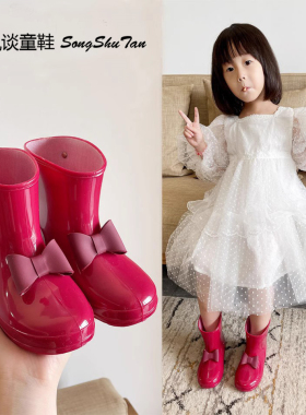 出口女童雨鞋红色蝴蝶结公主雨靴子宝宝幼儿园防滑软底小女孩水鞋
