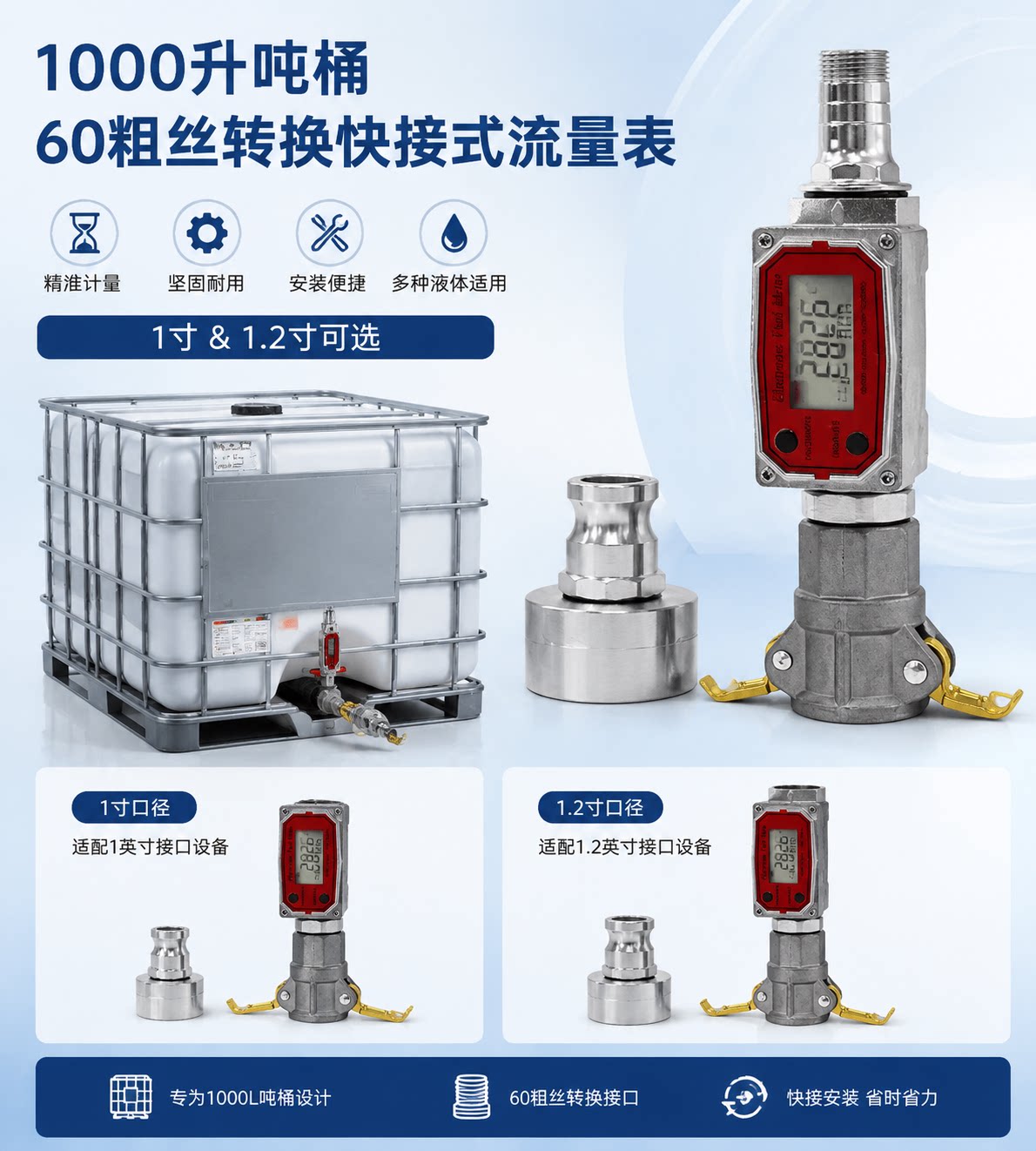1000升吨桶专用快拆式流量计 高精度1%误差 IBC吨桶液体计量器 - 实物图