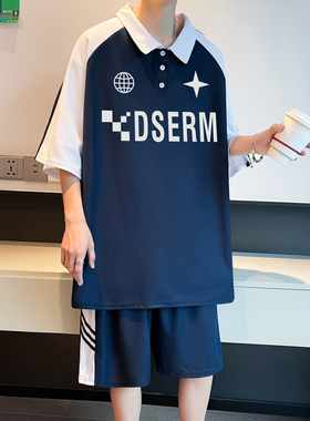 2025学院风定制夏季拼接设计polo衫短袖T恤男两件套装50153-P45
