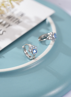 TLZ 韩版可爱清新猫爪印耳扣蓝色锆石小众设计感森系百搭精致耳环