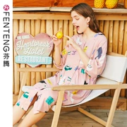 Fenton nightdress nữ mùa hè cotton lỏng phiên bản Hàn Quốc của bộ đồ ngủ bảy điểm tay áo ngọt ngào kích thước lớn có thể mặc bên ngoài váy mùa hè - Đêm đầm