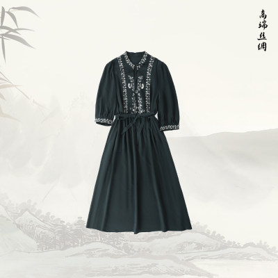 【绣影绘心】品牌新款刺绣温柔气质宽松七分袖桑蚕丝连衣裙519866
