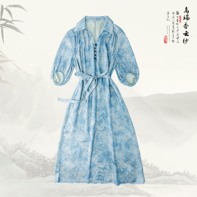 南宋丝府品牌新款桑蚕丝宽松印花收腰V领连衣裙42212