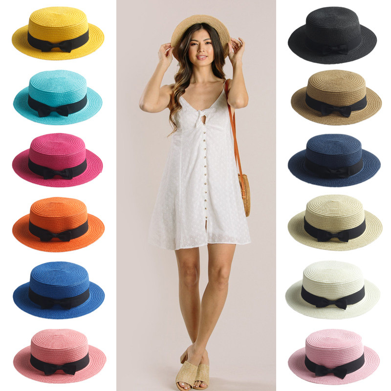 夏季男女亲子儿童平顶平檐遮阳草帽防晒草编礼帽旅游沙滩太阳帽子