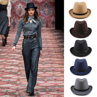 稍大头围春秋冬男女英伦汉堡帽翘檐毛呢礼帽欧美复古洪堡爵士帽