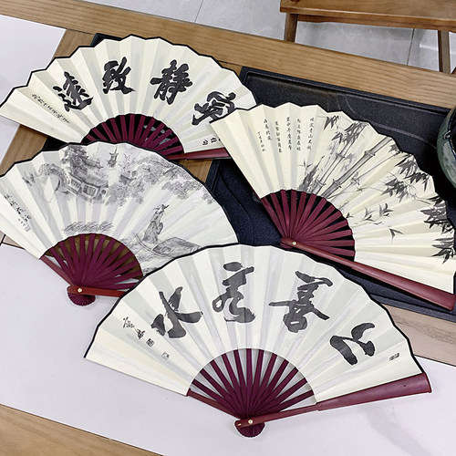 8寸古风扇子折扇中国风男士款夏季折叠绢布夏天竹扇汉服随身扇子