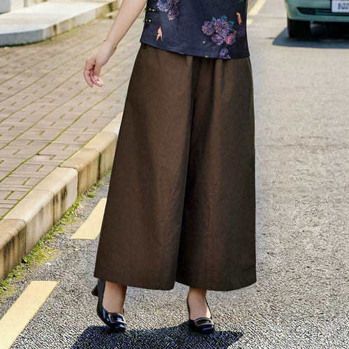 夏季新中式国风女装百搭阔腿裤匹马棉松紧腰宽松显瘦九分直筒裤