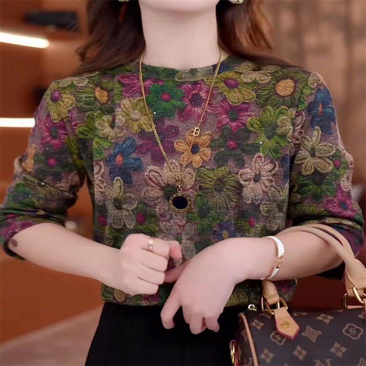 直播爆款花色t恤秋冬新款妈妈磨毛显瘦打底小衫长袖女装