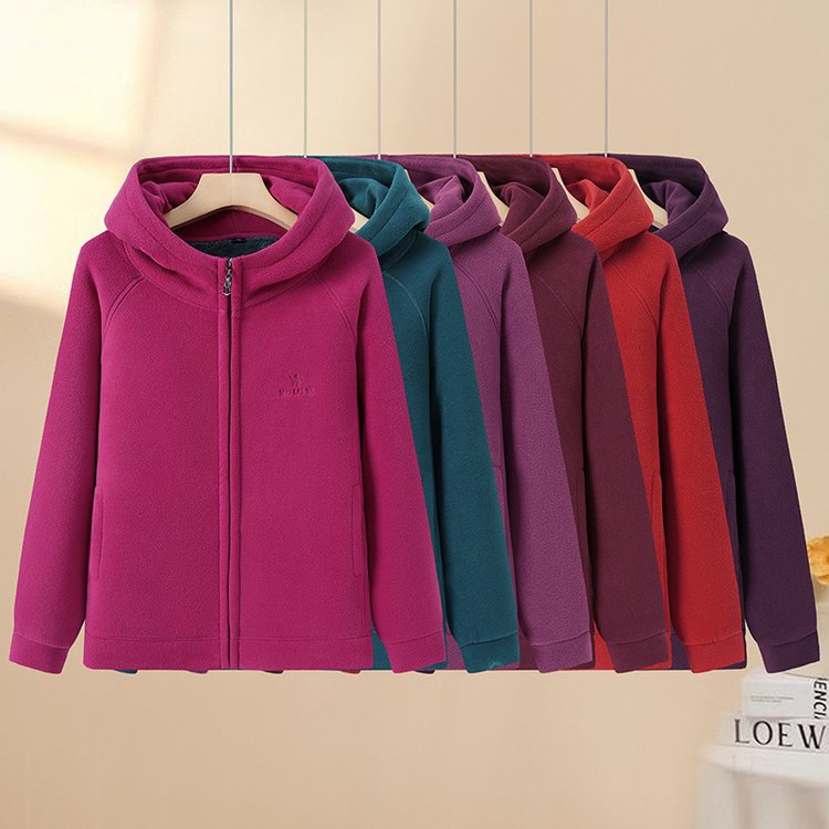 冬季新款中老年妈妈加绒加厚摇粒绒连帽外套休闲百搭上衣