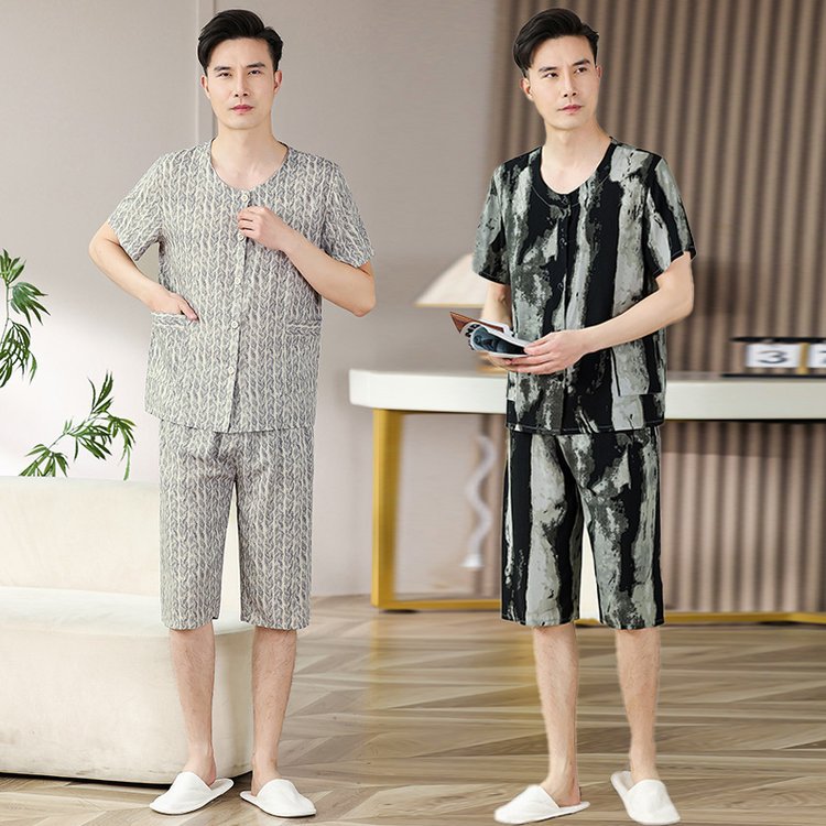 棉绸睡衣男款夏季薄款短袖短裤开衫套装中老年爸爸装人造棉