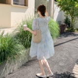 蓝色刺绣印花小清新a字裙新款小个子森系甜美减龄显瘦连衣裙女夏，女装连衣裙，2C196