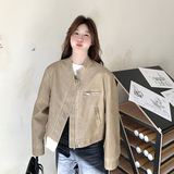 美式复古卡其色皮衣外套女春秋2025新款超火高级感机车服工装夹克，女装皮衣，2C196