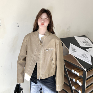 美式复古卡其色皮衣外套女春秋2025新款超火高级感机车服工装夹克图片