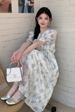 碎花法式茶歇裙小V领茶歇连衣裙辣妈甜美失序混搭风收腰长裙显瘦，女装连衣裙，2C196