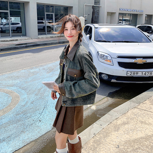 设计感pu皮拼接牛仔外套女2025春秋新款美式复古休闲百搭夹克上衣图片