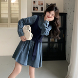 蓝色复古假两件牛仔连衣裙女2025年春季新款韩版小个子气质衬衫裙，女装连衣裙，2C196