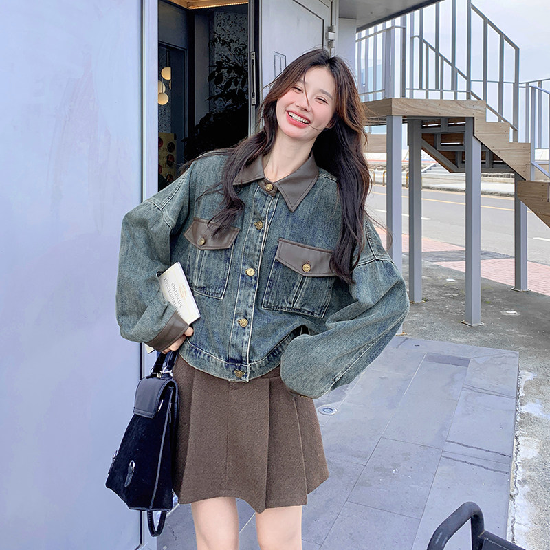 设计感pu皮拼接牛仔外套女2025春秋新款美式复古休闲百搭夹克上衣,女装短外套,2C196