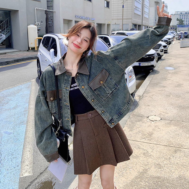 设计感pu皮拼接牛仔外套女2025春秋新款美式复古休闲百搭夹克上衣,女装短外套,2C196