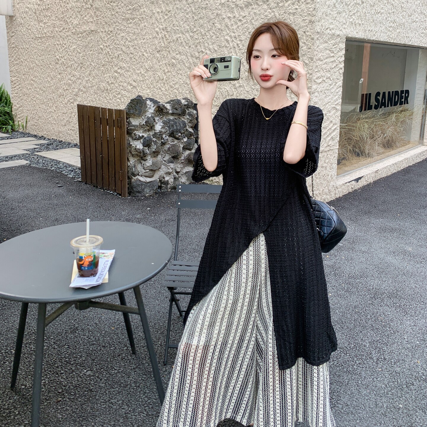 慵懒风黑色中长款开叉T恤阔腿裙裤套装女2025夏新款高级感两件套,女装套装/套裙,2C196