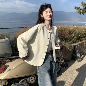 格纹直筒型圆领拉链拼接短外套短款上衣秋季学生气质春秋气质长袖图片