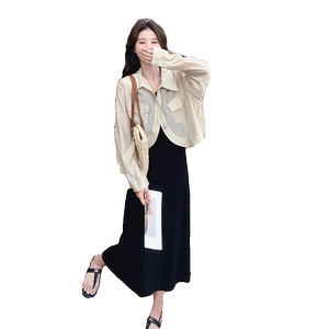 度假风黑色无袖背心连衣裙女夏2025新款防晒衬衫吊带长裙两件套装图片