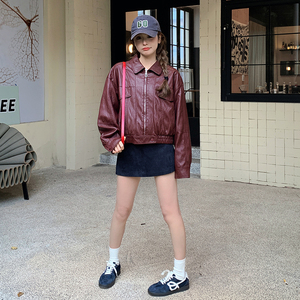 超好看安可拉红皮衣外套女春秋2025新款短款小个子美式pu皮夹克图片