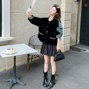 慵懒风牛仔拼接丝绒外套女2025秋季新款韩版氛围感显瘦圆领夹克潮图片